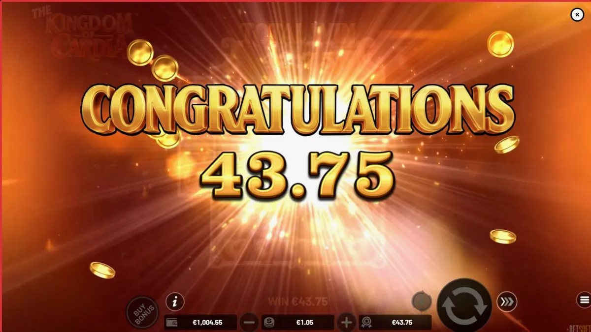 The Kingdom of Cardia slot game interface showing whimsical garden theme and card symbols