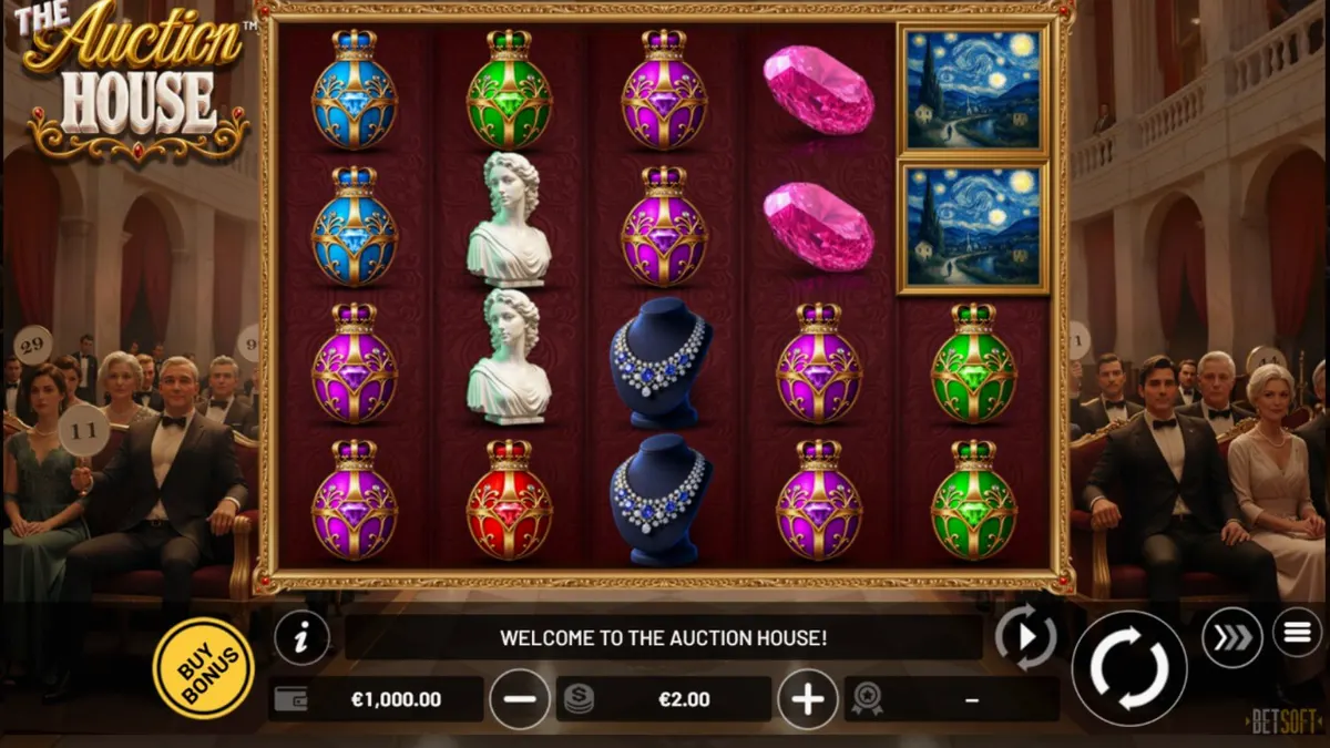 Tampilan visual mewah dari slot The Auction House dengan simbol permata dan barang antik