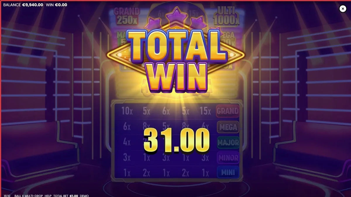 Tampilan visual neon dari slot Ball X Multi-Drop dengan simbol buah dan Lucky 7