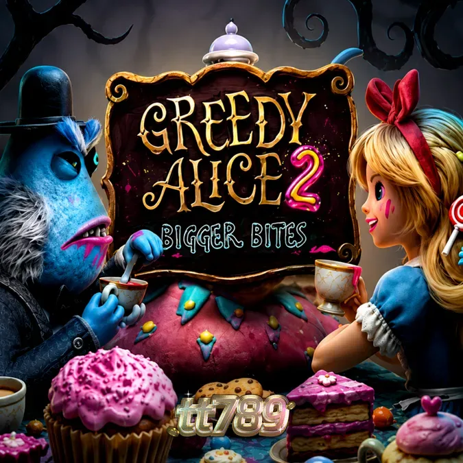 Tampilan visual slot Greedy Alice 2 Bigger Bites dengan tema dongeng yang kelam